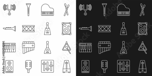 Set line Metronome with pendulum, Triangle, Stereo speaker, Grand piano, Drum, Clarinet, Musical tuning fork and Balalaika icon. Vector