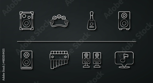 Set line Stereo speaker, Pan flute, Tambourine, Musical note and Guitar icon. Vector