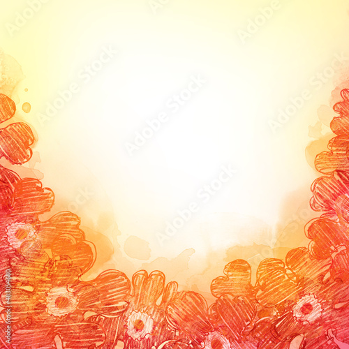 Red frame background with red flowers, Hand drawn pencil raster illustration