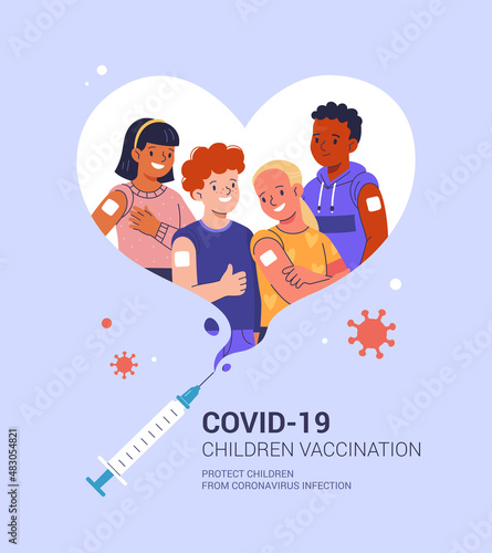 Children's COVID-19 vaccination poster template. Vector cartoon illustration of diverse smiling school children with patches on their shoulders inside a heart made with a syringe. Isolated on back