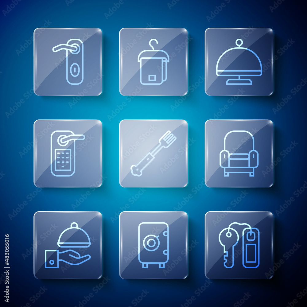 Set line Covered with tray, Safe, Hotel door lock key, Fork, Digital, Door handle and Armchair icon. Vector Set line Covered with tray, Safe, Hotel door lock key, Fork, Digital, Door handle and Armchair icon. Vector