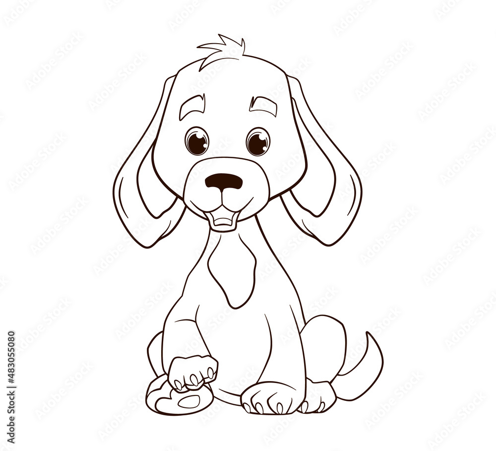 Coloring book little funny puppy with drooping ears sits on its hind legs.  Vector illustration in cartoon style, black and white line art Stock Vector  | Adobe Stock