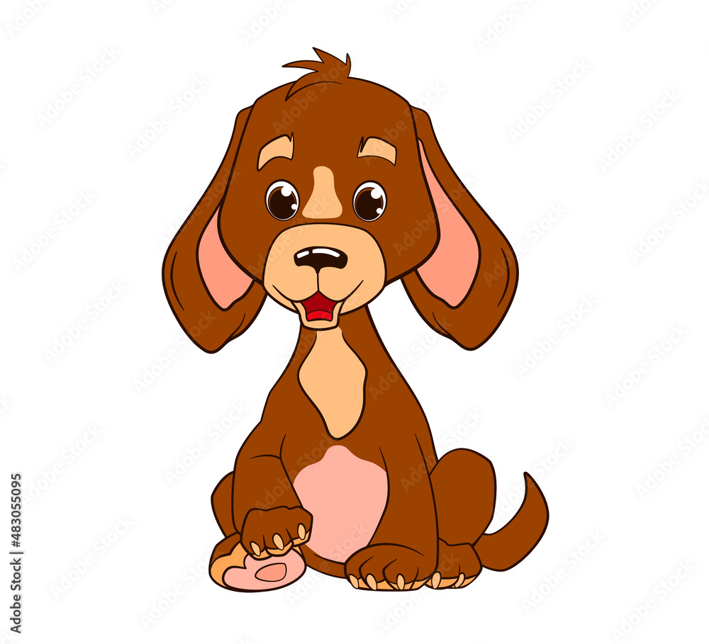 A small funny brown puppy with floppy ears sits on its hind legs. Vector illustration in cartoon style, black and white line A small funny brown puppy with floppy ears sits on its hind legs. Vector illustration in cartoon style, black and white line