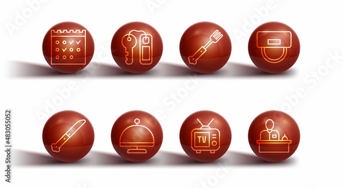 Set line Hotel booking calendar, Knife, Bellboy hat, Retro tv, Covered with tray, door lock key, reception desk and Fork icon. Vector