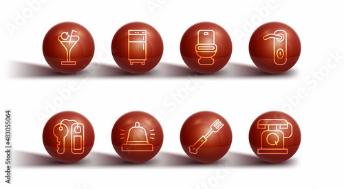 Set line Martini glass, Hotel door lock key, Door handle, Fork, service bell, Refrigerator, Telephone handset and Toilet bowl icon. Vector
