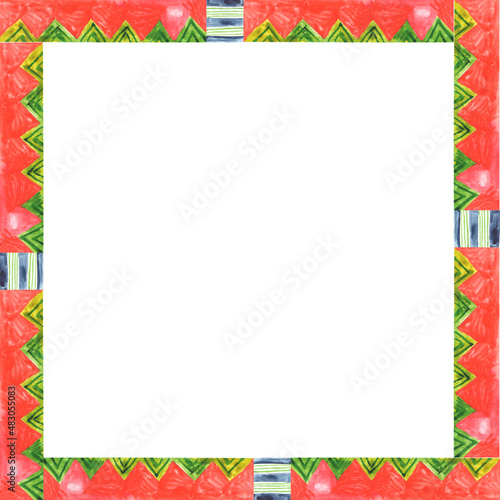 Watercolor square frame on isolated white background. Decorative ethnic motives. Illustration of variegated stripes in boho style.