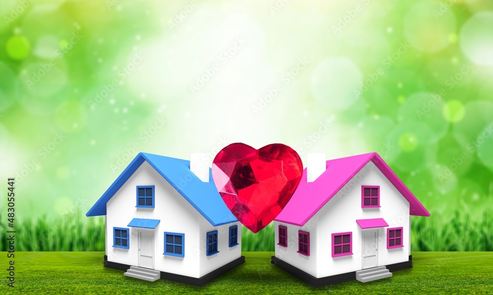 Love heart between two house model for stay at home for healthy community together Love heart between two house model for stay at home for healthy community together