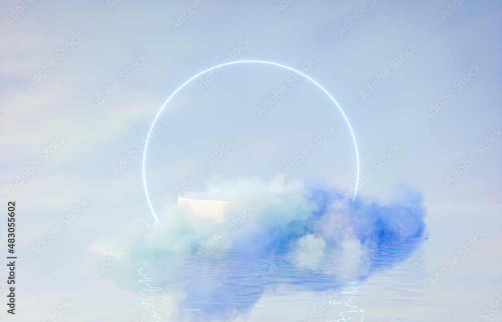 Natural beauty podium backdrop for product display with dreamy cloud and neon light background. Romantic 3d seascape scene. Natural beauty podium backdrop for product display with dreamy cloud and neon light background. Romantic 3d seascape scene.