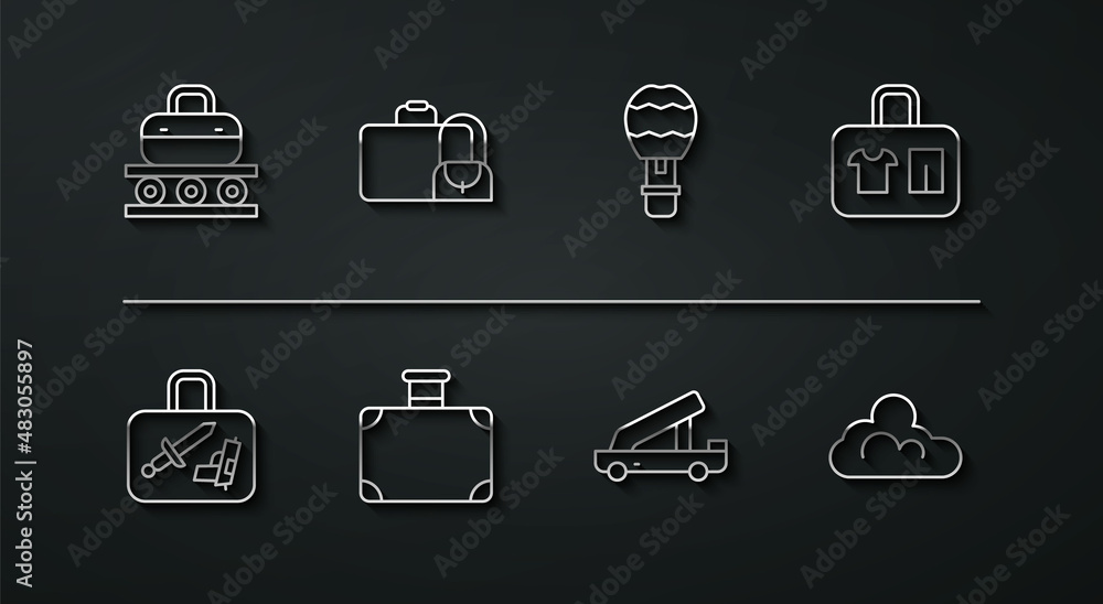 Set line Conveyor belt with suitcase, Suitcase, Passenger ladder, Cloud weather and Hot air balloon icon. Vector Set line Conveyor belt with suitcase, Suitcase, Passenger ladder, Cloud weather and Hot air balloon icon. Vector