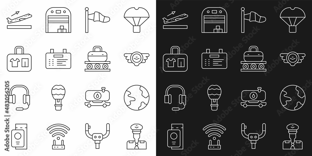 Set line Pilot, Worldwide, Aviation emblem, Cone meteorology windsock, Airport board, Suitcase, Plane takeoff and Conveyor belt with suitcase icon. Vector