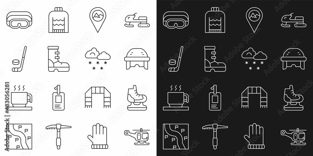 Set line Rescue helicopter, Skates, Hockey helmet, Location with mountain, Waterproof rubber boot, Ice hockey stick and puck, Ski goggles and Cloud snow icon. Vector Set line Rescue helicopter, Skates, Hockey helmet, Location with mountain, Waterproof rubber boot, Ice hockey stick and puck, Ski goggles and Cloud snow icon. Vector