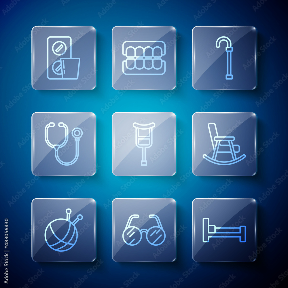 Set line Yarn ball with knitting needles, Eyeglasses, Bed, Walking stick cane, Crutch or crutches, Stethoscope, Pills blister pack and Rocking chair icon. Vector Set line Yarn ball with knitting needles, Eyeglasses, Bed, Walking stick cane, Crutch or crutches, Stethoscope, Pills blister pack and Rocking chair icon. Vector