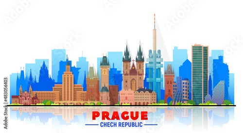Prague ( Czech Republic ) skyline with panorama in white background. Vector Illustration. Business travel and tourism concept with modern buildings. Image for banner or website.