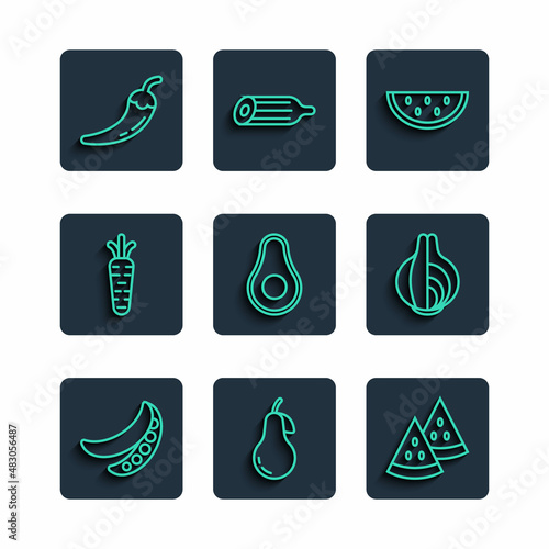 Set line Green peas, Pear, Watermelon, Avocado fruit, Carrot, Hot chili pepper pod and Onion icon. Vector