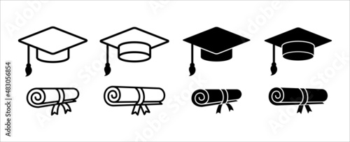 Graduation cap icon set. Diploma, bachelor or master achievement symbol. Mortarboard hat and scroll sign. Vector stock illustration