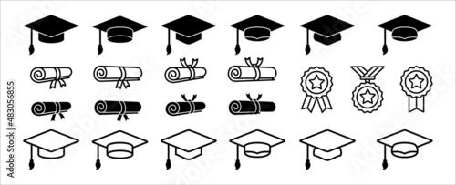 Graduation cap icon set. Diploma, bachelor or master achievement symbol. Mortarboard hat sign. Scroll and medal award vector set.