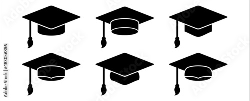 Graduation cap icon set. Diploma, bachelor or master achievement symbol. Mortarboard hat vector set. Flat simple design illustration