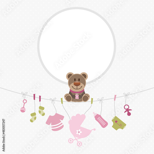 Teddy Hängende Babysymbole Mädchen Rosa Olivgrün Runder Rahmen Grau
