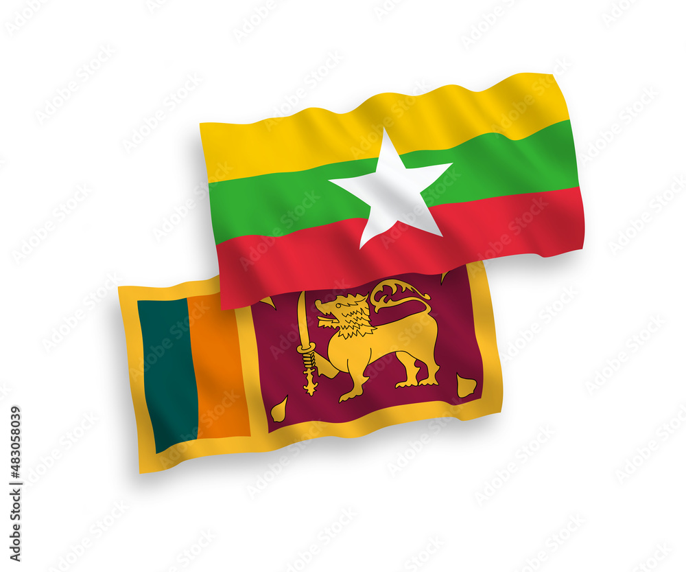 Fototapeta premium National vector fabric wave flags of Sri Lanka and Myanmar isolated on white background. 1 to 2 proportion.