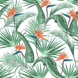 Green tropical palm leaves seamless vector pattern on the black background. Trendy summer print. Flower print.