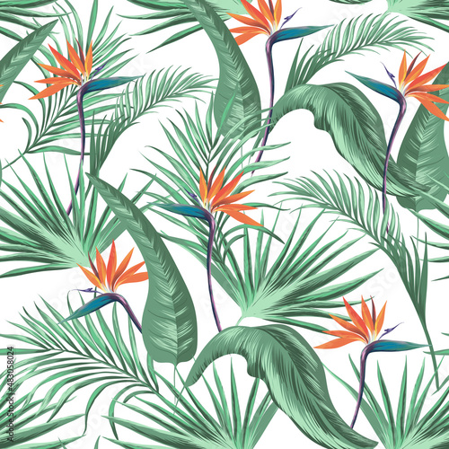 Green tropical palm leaves seamless vector pattern on the black background. Trendy summer print. Flower print.