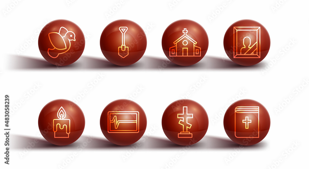 Set line Dove, Burning candle, Mourning photo frame, Grave with cross, Beat dead monitor, Shovel, Holy bible book and Church building icon. Vector Set line Dove, Burning candle, Mourning photo frame, Grave with cross, Beat dead monitor, Shovel, Holy bible book and Church building icon. Vector