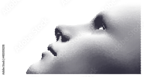 Illustration of an man's face created from small particle. Pixel art. 3D vector design for banner, flyer, poster, cover or brochure.