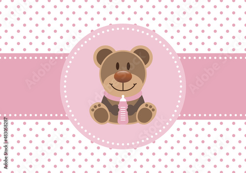 Karte Teddy Mit Flasche Baby Mädchen Rosa Punkte
