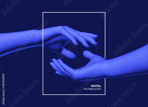 Hands reaching towards each other. Concept of human relation, togetherness or  partnership. 3D vector illustration. Can be used for advertising, marketing or presentation.