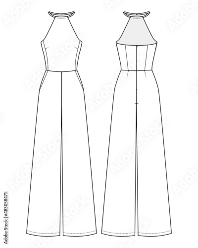 Fashion technical drawing of women's halter jumpsuit
