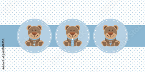 Karte 3 Teddys Babysymbole Junge Punkte Retroblau Weiß
