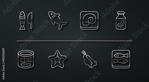 Set line Fish with sliced pieces, Canned fish, Sea cucumber in jar, Fishing harpoon, Starfish, Shark, and Octopus plate icon. Vector