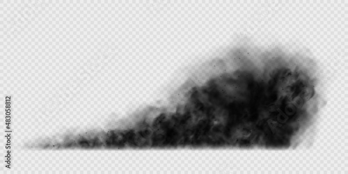 Black smoke clouds, dirty toxic fog or smog. Vector realistic illustration of dark smoky from fire, explosion or burning coal. Black fume texture isolated on transparent background