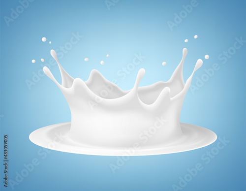 Vector realistic milk splash. Milk splash crown isolated on blue background.