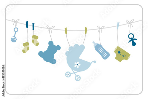 Geschenkkarte Hängende Babysymbole Junge Retroblau Olivgrün