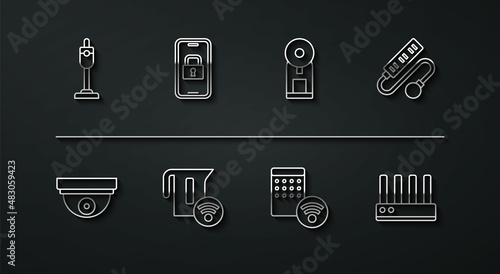 Set line Vacuum cleaner, Motion sensor, Electric extension cord, Air humidifier, Smart electric kettle, Digital door lock, Router and wi-fi signal and coffee machine icon. Vector