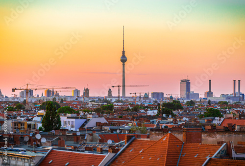 Berlin skyline with Berliner Fernsehturm (TV Tower) and sunset, Germany photo