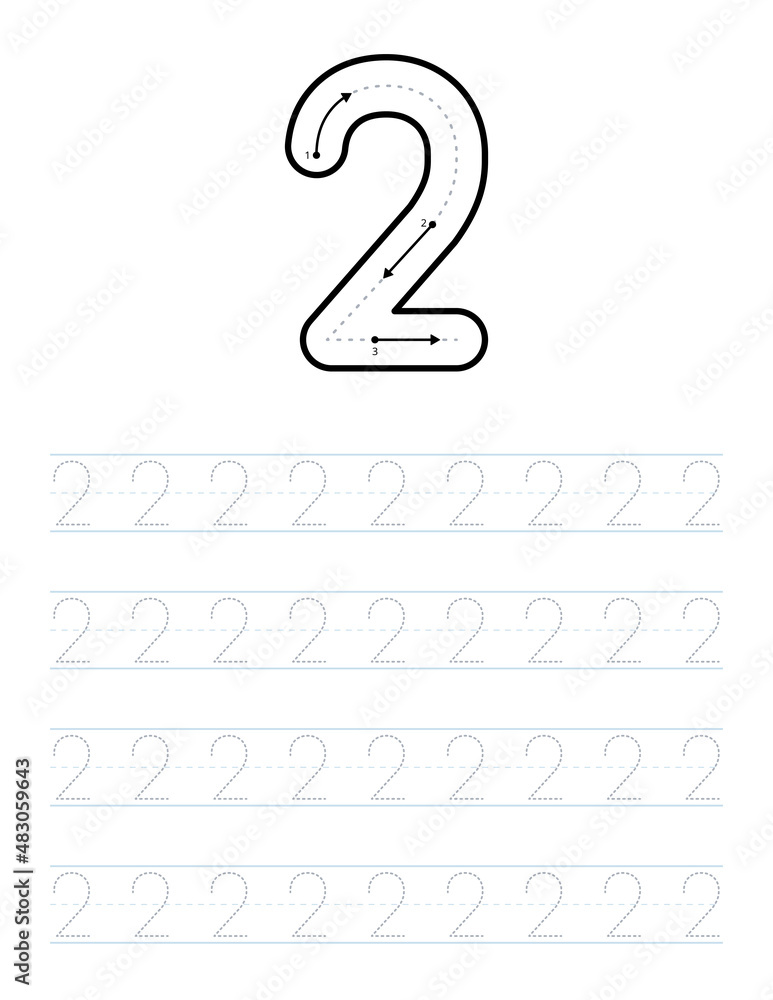 Trace number 2 worksheet for kids and preschool with tracing guide