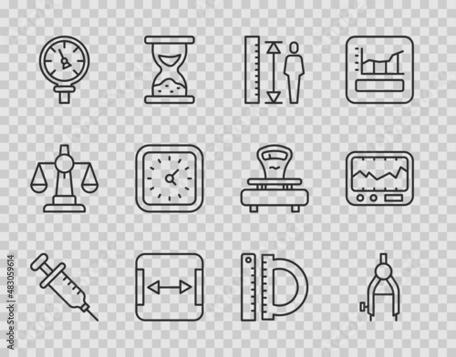Set line Syringe, Drawing compass, Measuring height body, Area measurement, Pressure water meter, Clock, Protractor and ruler and instrument icon. Vector