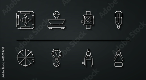 Set line Area measurement, Circle of pieces, Medical thermometer, Drawing compass, Hand scale spring mechanical, Scales, and Smart watch icon. Vector