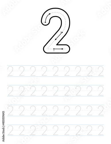Trace number 2 worksheet for kids and preschool 
with tracing guide