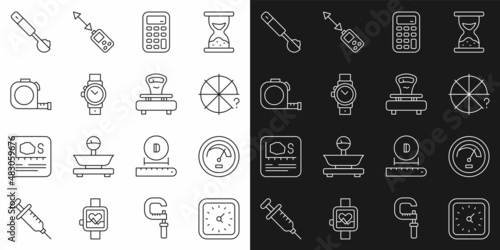 Set line Clock, Speedometer, Circle of pieces, Calculator, Wrist watch, Roulette construction, Measuring spoon and Scales icon. Vector