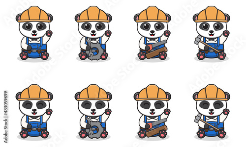 Vector Illustration of Cute Panda with Handyman costume siting and hand up pose. Set of cute smile Panda characters. Flat icons in cartoon style.
