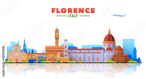 Florence ( Italy ) city skyline in white background. Vector Illustration. Business travel and tourism concept with modern buildings. Image for banner or website.
