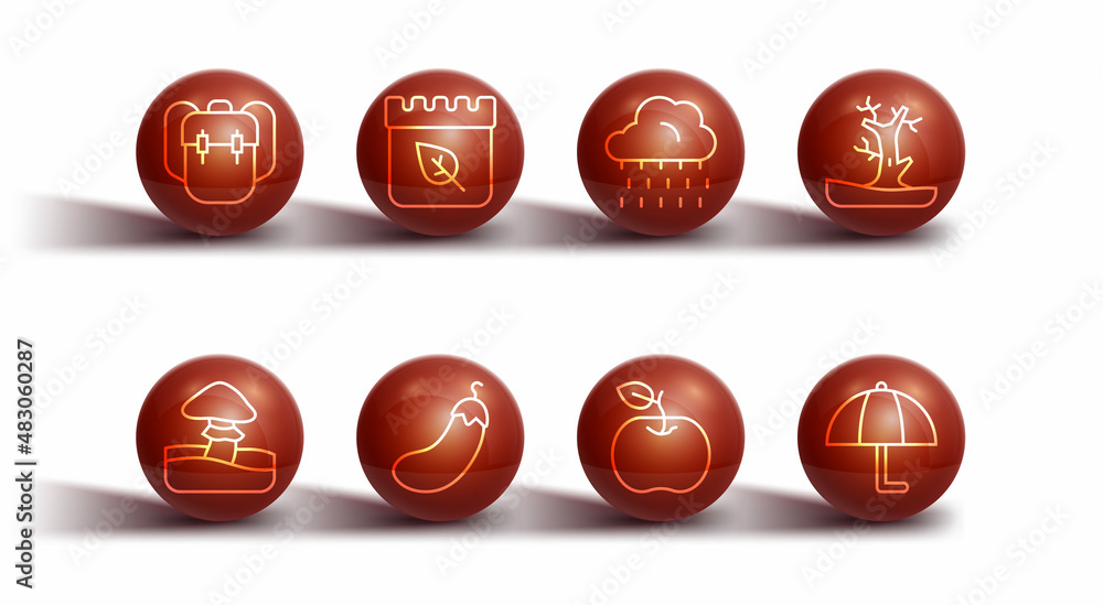 Set line School backpack, Mushroom, Bare tree, Apple, Eggplant, Calendar with autumn leaves, Umbrella and Cloud rain icon. Vector Set line School backpack, Mushroom, Bare tree, Apple, Eggplant, Calendar with autumn leaves, Umbrella and Cloud rain icon. Vector