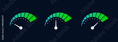 Gauge meter icon set. Low, moderate, high measuring scale. Modern car dashboard. Blue green neon speedometer. Colorful level indicator. Empty or full fuel tank. Vector illustration, flat, clip art. 