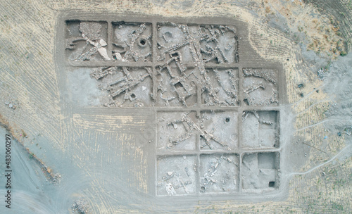 Excavations in the area of ​​the ancient city. archaeological excavation background. historical. top view. Arhaeological site. ancient city  photo