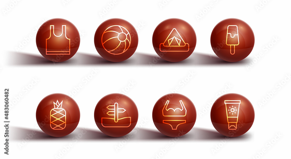 Set line Sleeveless T-shirt, Pineapple, Ice cream, Swimsuit, Road traffic sign, Beach ball, Sunscreen tube and Tourist tent icon. Vector Set line Sleeveless T-shirt, Pineapple, Ice cream, Swimsuit, Road traffic sign, Beach ball, Sunscreen tube and Tourist tent icon. Vector