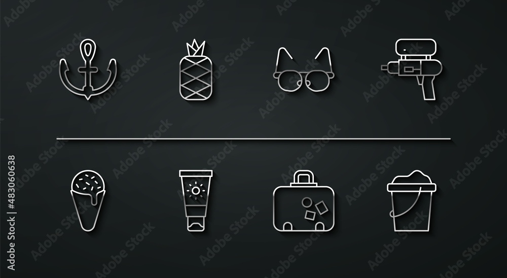 Set line Anchor, Ice cream in waffle cone, Water gun, Suitcase, Sunscreen tube, Pineapple, Sand bucket and Glasses icon. Vector Set line Anchor, Ice cream in waffle cone, Water gun, Suitcase, Sunscreen tube, Pineapple, Sand bucket and Glasses icon. Vector