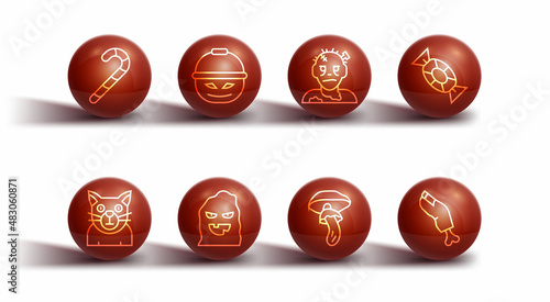 Set line Christmas candy cane, Cat, Candy, Psilocybin mushroom, Funny scary ghost mask, Pumpkin basket for sweets, Zombie finger and icon. Vector